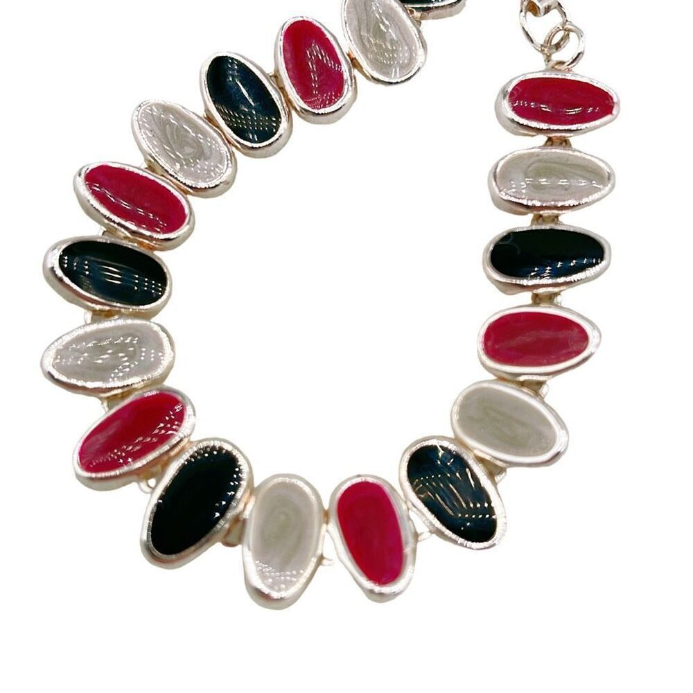 Vintage Oval link enamel cream red black bracelet.